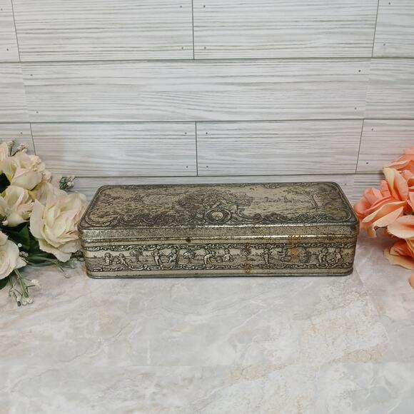 Vtg Rustic Hinged Tin Romantic Couple & Cherubs Made in West Germany Shabby Chic - Picture 1 of 15